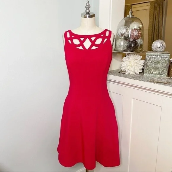 White House Black Market Red Fit & Flare Party Dress 4 Small - Picture 4 of 12